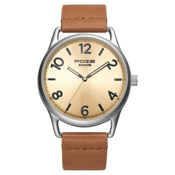sp70014sl01w Poze by Sonata Quartz Analog Beige Dial PU Leather Strap Watch for Men