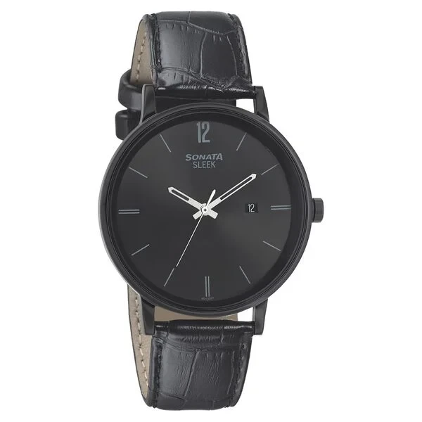 nr7131nl01 Sonata Quartz Analog with Date Black Dial Leather Strap Watch for Men