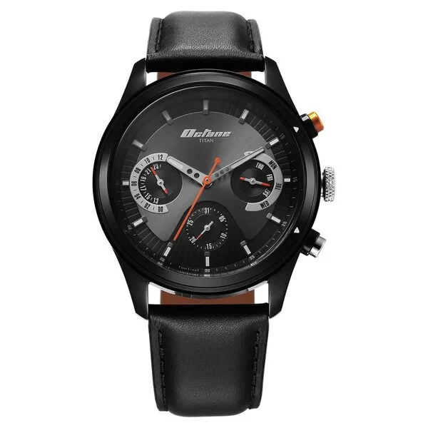 Titan Octane Quartz Multifunction Black Dial With Black Leather Strap Watch For Men 1805kl02 Men's Watch