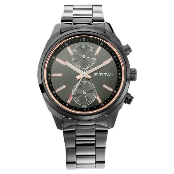 Titan Men's Metropolitan Luxe: Multifunction Mono black Dial with Two-Tone Stainless Steel Bracelet Watch ns1733nm01 Men's Watch