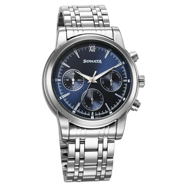 77158sm01 Sonata Wedding Multifunction Blue Dial Stainless Steel Strap Watch For Men