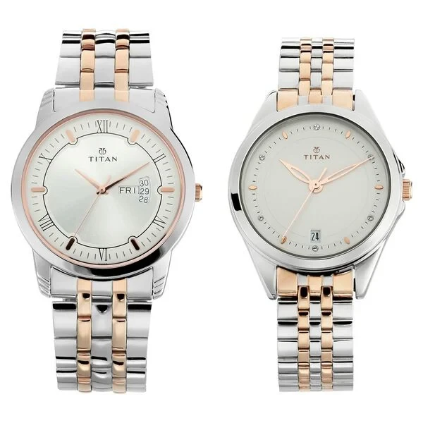 Titan Bandhan Quartz Analog with Day and Date Silver Dial Stainless Steel Strap Watch for Couple ns17742565km01p Couple Watch