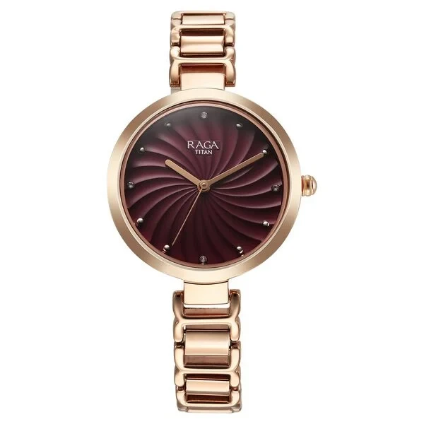 Titan Raga Memoirs Quartz Analog Burgundy Dial With Rose Gold Color Metal Strap Watch For Women 2752wm01 Women's Watch