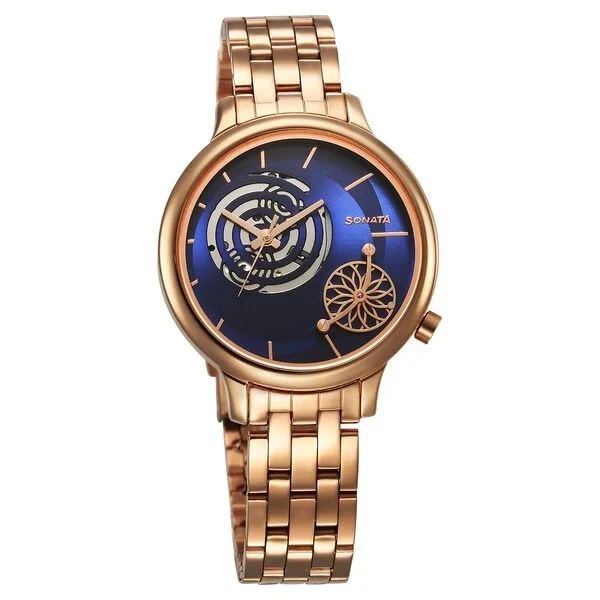8190wm03 Sonata Unveil Quartz Analog Blue Dial Metal Strap Watch for Women