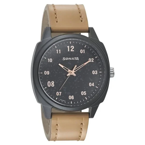 ns77086pl01w Sonata Quartz Analog Black Dial Leather Strap Watch for Men