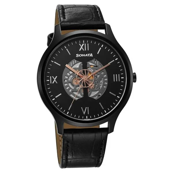 7140nl05 Sonata Unveil Quartz Multifunction Black Dial Leather Strap Watch for Men