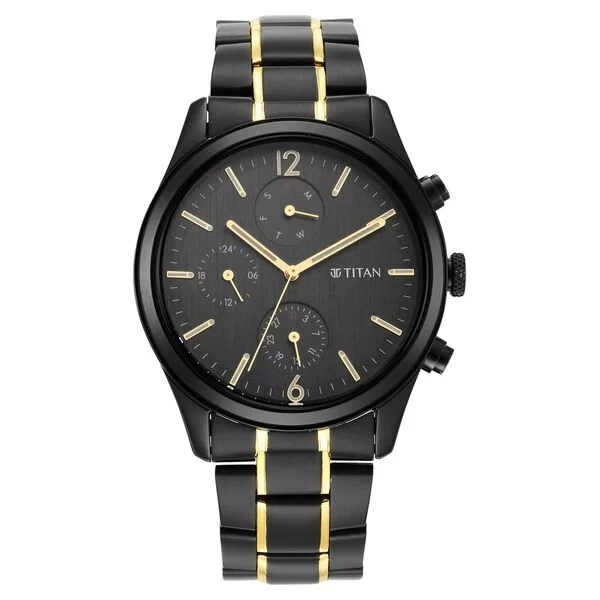 Titan Black and Gold Anthracite Dial Analog Stainless Steel Strap watch for Men ns1805km03 Men's Watch
